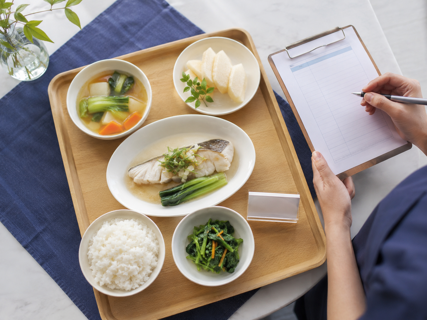 A carefully prepared treatment-stay meal being checked against a meal plan